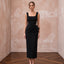 Black Minimalist Stretch Crepe Square Neck Column Cocktail Dress