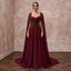 Burgundy Chiffon Cape Sleeve A-Line Evening Dress for Fall Gala