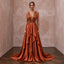 Burnt Orange Silk Charmeuse Plunge Neck Flowing Maxi Dress