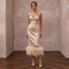 Champagne Satin Midi Dress with Ostrich Feather Trim Hem