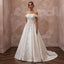 Ivory satin off-shoulder A-line wedding dress with embroidered bodice and skirt