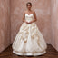 Cream satin face organza wedding gown with bubble skirt and rose details, featuring a strapless design.