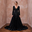 Dramatic Black Velvet Plunge Neck Gothic A-Line Bridal Dress