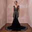 Dramatic Black Velvet Plunge Neck Mermaid Wedding Gown