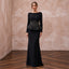 Modest Black Crepe Bateau Neck Long Sleeve Peplum Evening Dress