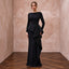 Modest Black Crepe Bateau Neck Long Sleeve Peplum Evening Dress