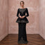 Modest Black Crepe Bateau Neck Long Sleeve Peplum Evening Dress