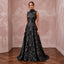 Modest Black Floral Jacquard High Neck A-Line Formal Dress