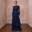 Modest Navy Blue Chiffon Long Sleeve Tiered Maxi Formal Dress