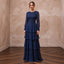 Modest Navy Blue Chiffon Long Sleeve Tiered Maxi Formal Dress