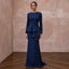 Modest Navy Blue Crepe Long Sleeve Peplum Evening Dress