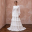 Elegant pure white chiffon gown featuring a tiered skirt and long sleeves, perfect for modest formal occasions.