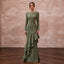 Olive Green Stretch Crepe Asymmetrical Hem Long Sleeve Dress