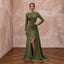 Olive Green Stretch Crepe Asymmetrical Hem Long Sleeve Formal Dress