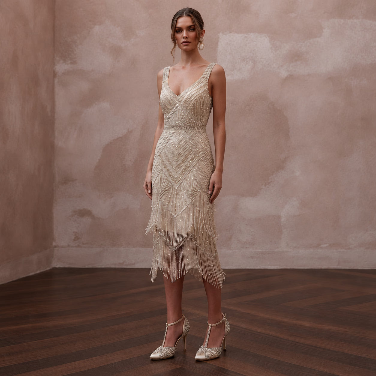 1920s Champagne Beaded Fringe Dress for Gatsby Rehearsal - Apparel & Accessories > Clothing > Wedding & Bridal Party Dresses > Wedding Dresses - Mignonette Bridal Main image