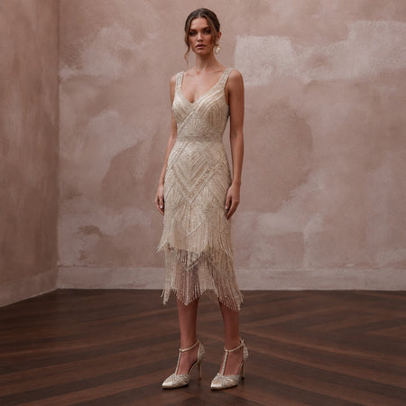 1920s Champagne Beaded Fringe Dress for Gatsby Rehearsal - Apparel & Accessories > Clothing > Wedding & Bridal Party Dresses > Wedding Dresses - Mignonette Bridal