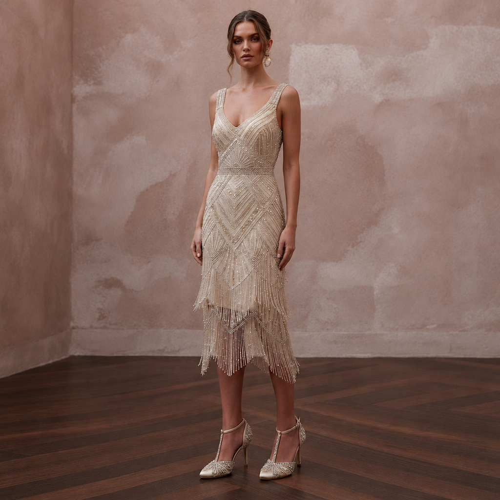 1920s Champagne Beaded Fringe Dress for Gatsby Rehearsal