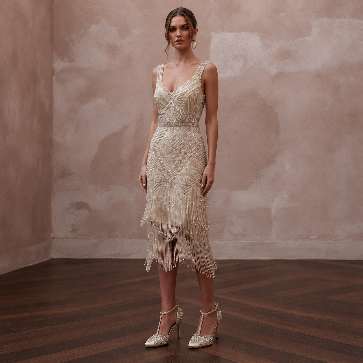 1920s Champagne Beaded Fringe Dress for Gatsby Rehearsal