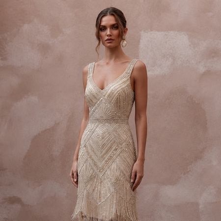 1920s Champagne Beaded Fringe Dress for Gatsby Rehearsal - Apparel & Accessories > Clothing > Wedding & Bridal Party Dresses > Wedding Dresses - Mignonette Bridal