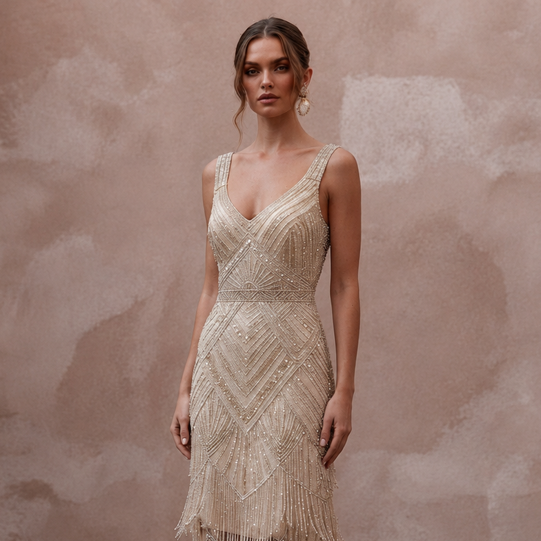 1920s Champagne Beaded Fringe Dress for Gatsby Rehearsal