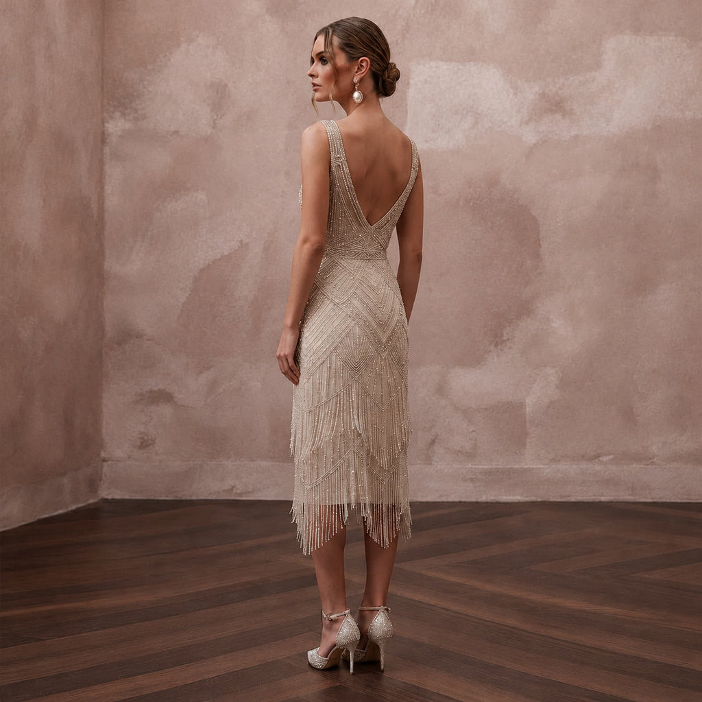 1920s Champagne Beaded Fringe Dress for Gatsby Rehearsal - Apparel & Accessories > Clothing > Wedding & Bridal Party Dresses > Wedding Dresses - Mignonette Bridal