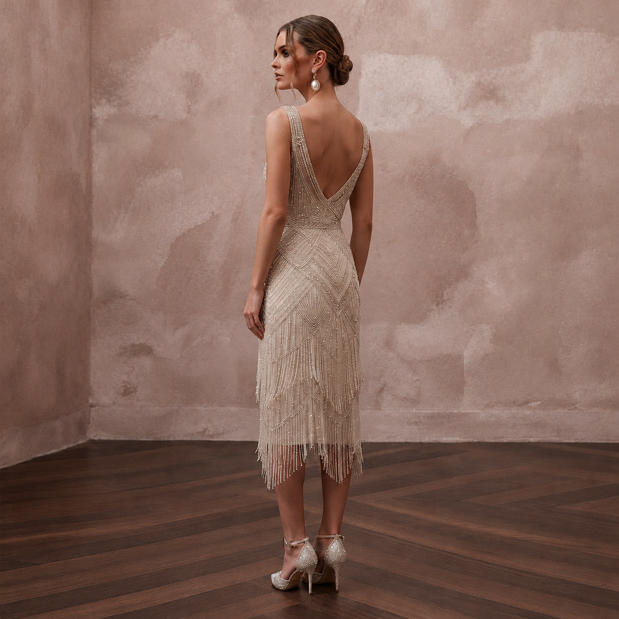 1920s Champagne Beaded Fringe Dress for Gatsby Rehearsal