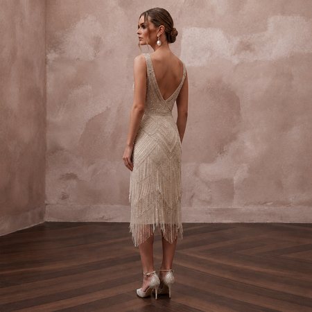 1920s Champagne Beaded Fringe Dress for Gatsby Rehearsal