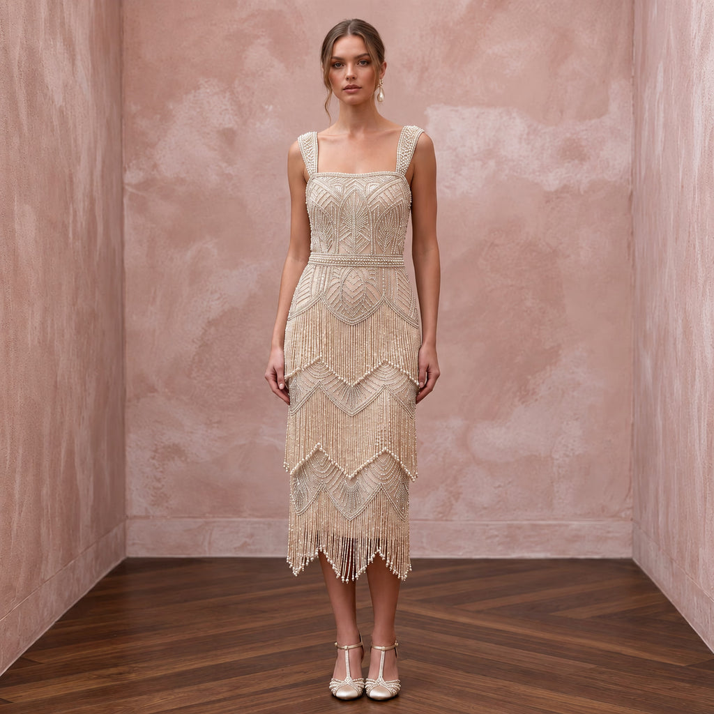 1920s Champagne Beaded Fringe Wedding Dress for Gatsby Rehearsal - Apparel & Accessories > Clothing > Wedding & Bridal Party Dresses > Wedding Dresses - Mignonette Bridal