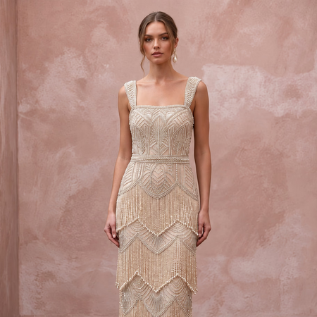 1920s Champagne Beaded Fringe Wedding Dress for Gatsby Rehearsal - Apparel & Accessories > Clothing > Wedding & Bridal Party Dresses > Wedding Dresses - Mignonette Bridal