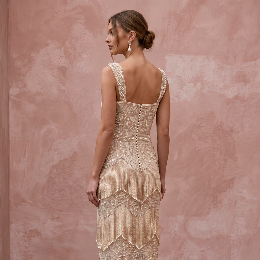 1920s Champagne Beaded Fringe Wedding Dress for Gatsby Rehearsal - Apparel & Accessories > Clothing > Wedding & Bridal Party Dresses > Wedding Dresses - Mignonette Bridal