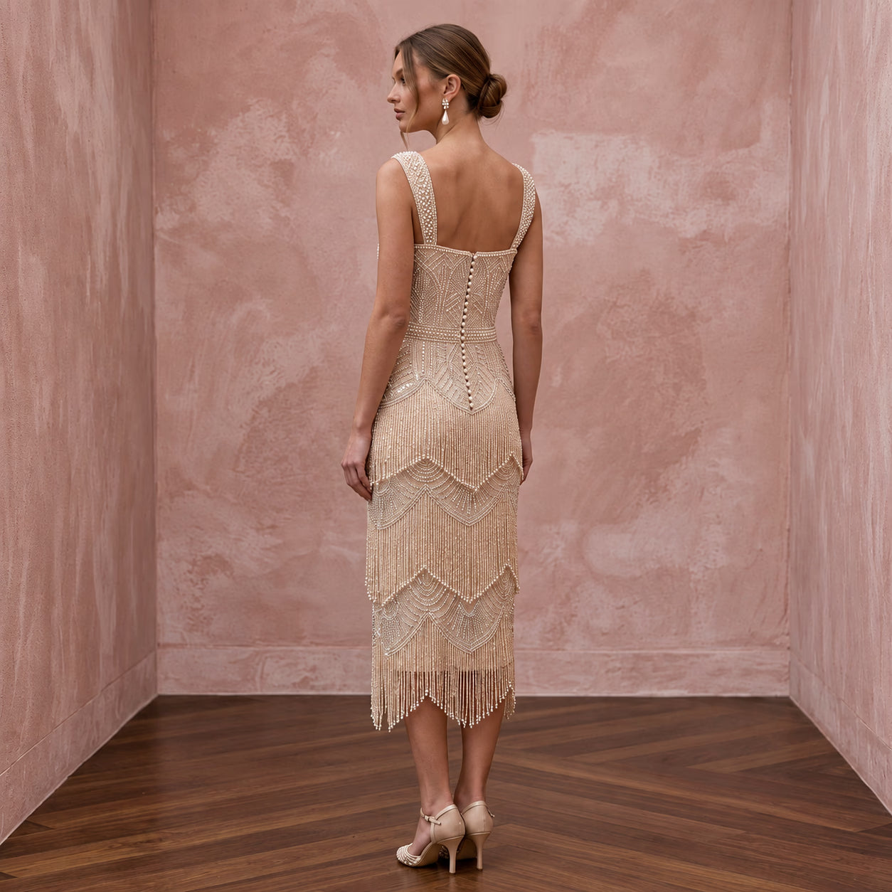 1920s Champagne Beaded Fringe Wedding Dress for Gatsby Rehearsal Secondary image