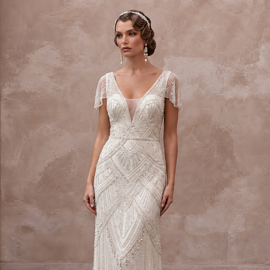 1920s Inspired Beaded Tulle Bridal Gown