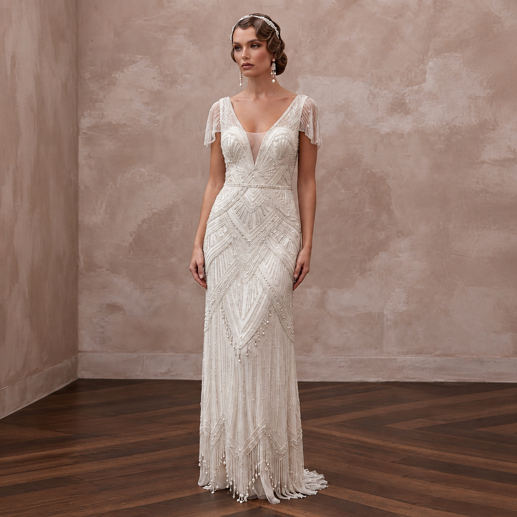 1920s Inspired Beaded Tulle Bridal Gown