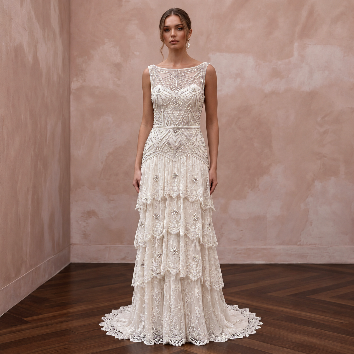 1920s Inspired Lace Wedding Dress with Beaded Bodice
