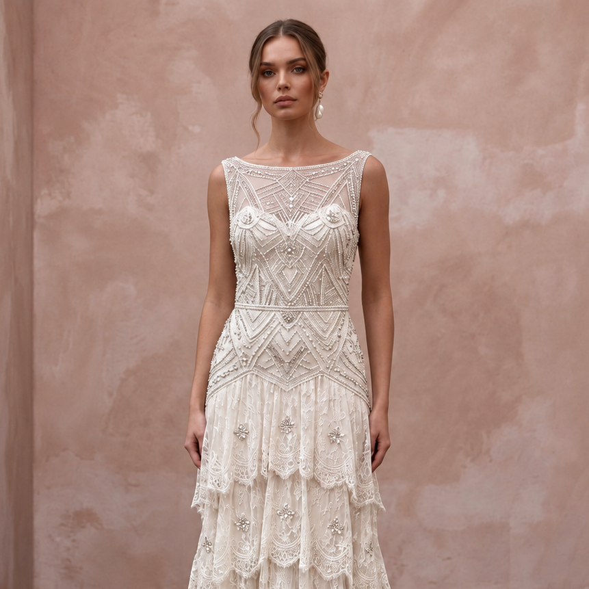 1920s Inspired Lace Wedding Dress with Beaded Bodice
