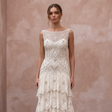 1920s Inspired Lace Wedding Dress with Beaded Bodice