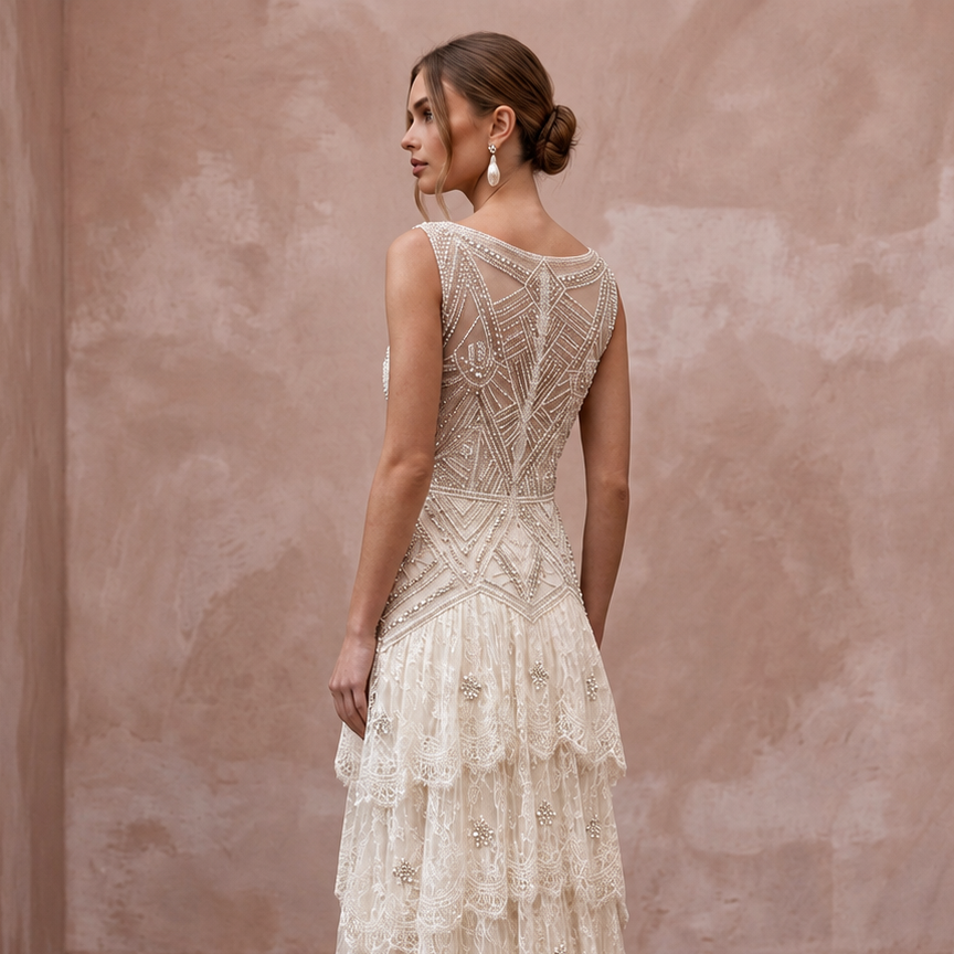 1920s Inspired Lace Wedding Dress with Beaded Bodice