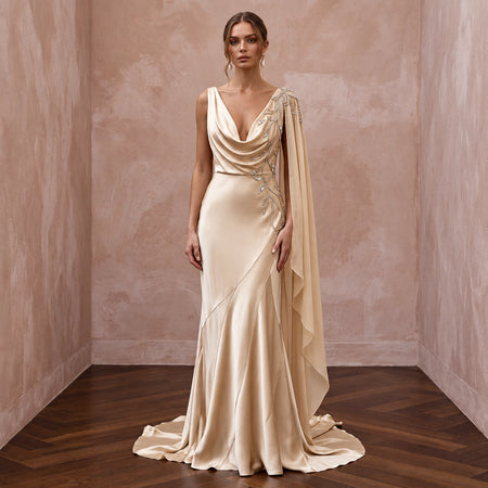1930s Bias - Cut Champagne Silk Satin Bridal Dress for Anniversary Cruise - Apparel & Accessories > Clothing > Wedding & Bridal Party Dresses > Wedding Dresses - Mignonette Bridal