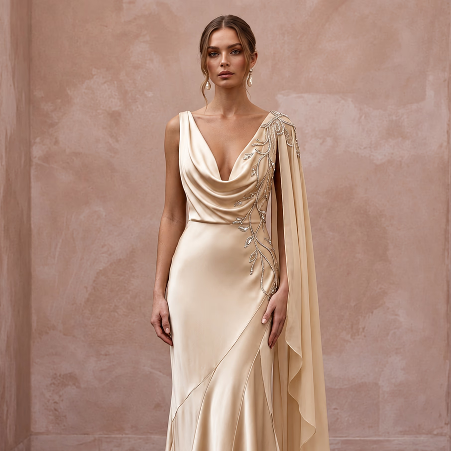 1930s Bias - Cut Champagne Silk Satin Bridal Dress for Anniversary Cruise - Apparel & Accessories > Clothing > Wedding & Bridal Party Dresses > Wedding Dresses - Mignonette Bridal
