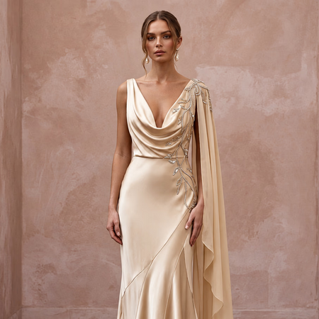1930s Bias - Cut Champagne Silk Satin Bridal Dress for Anniversary Cruise - Apparel & Accessories > Clothing > Wedding & Bridal Party Dresses > Wedding Dresses - Mignonette Bridal