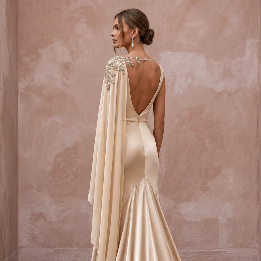 1930s Bias - Cut Champagne Silk Satin Bridal Dress for Anniversary Cruise - Apparel & Accessories > Clothing > Wedding & Bridal Party Dresses > Wedding Dresses - Mignonette Bridal