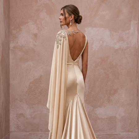 1930s Bias - Cut Champagne Silk Satin Bridal Dress for Anniversary Cruise - Apparel & Accessories > Clothing > Wedding & Bridal Party Dresses > Wedding Dresses - Mignonette Bridal
