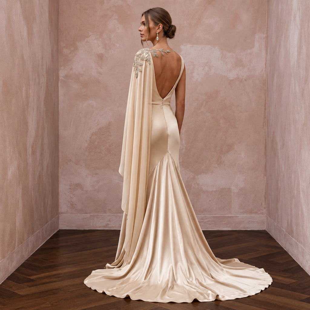 1930s Bias - Cut Champagne Silk Satin Bridal Dress for Anniversary Cruise - Apparel & Accessories > Clothing > Wedding & Bridal Party Dresses > Wedding Dresses - Mignonette Bridal