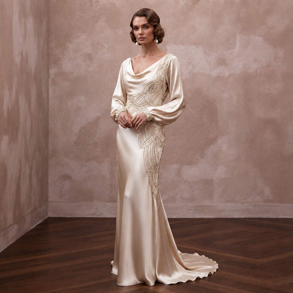 1930s Bias-Cut Champagne Silk Satin Gown for Anniversary Cruise