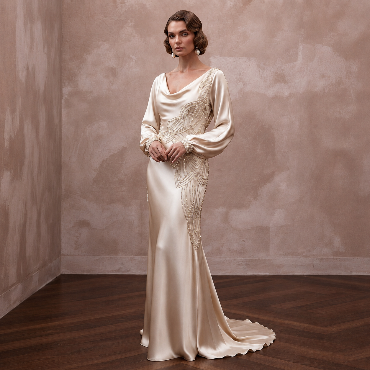 1930s Bias-Cut Champagne Silk Satin Gown for Anniversary Cruise