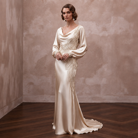1930s Bias-Cut Champagne Silk Satin Gown for Anniversary Cruise