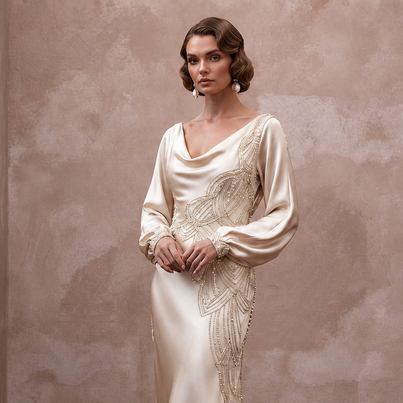 1930s Bias-Cut Champagne Silk Satin Gown for Anniversary Cruise
