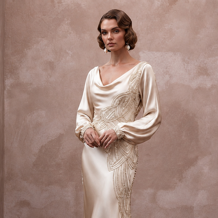 1930s Bias-Cut Champagne Silk Satin Gown for Anniversary Cruise