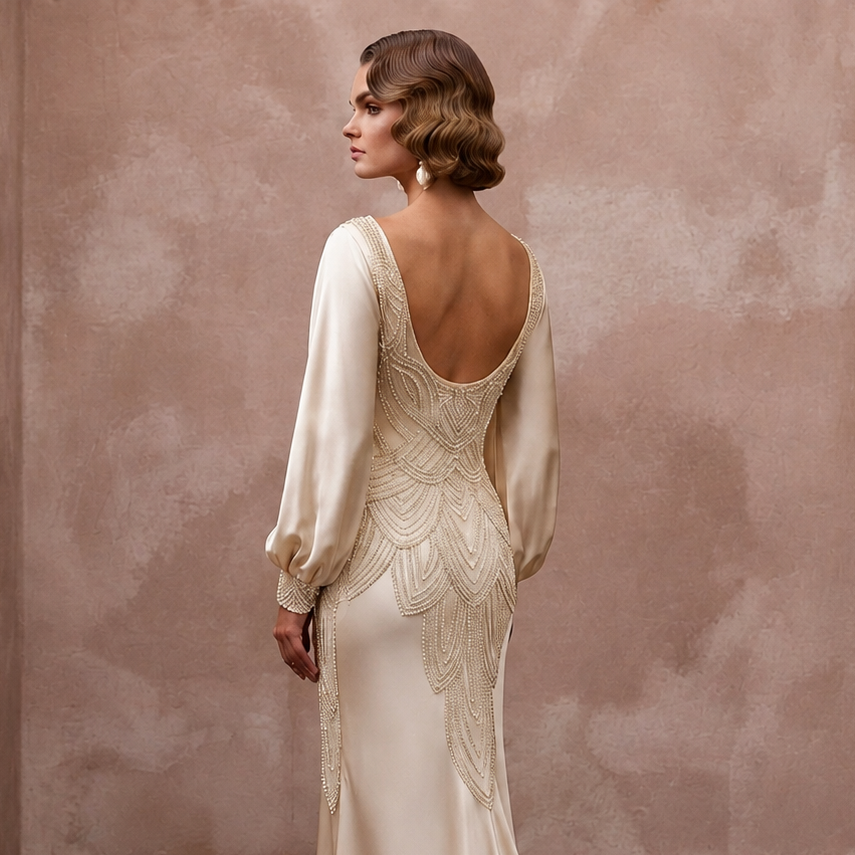 1930s Bias-Cut Champagne Silk Satin Gown for Anniversary Cruise