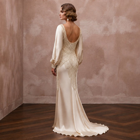 1930s Bias - Cut Champagne Silk Satin Gown for Anniversary Cruise - Apparel & Accessories > Clothing > Wedding & Bridal Party Dresses > Wedding Dresses - Mignonette Bridal